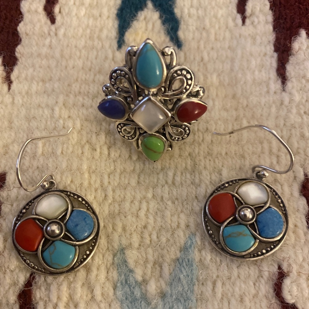 Turquoise, lapis, mop & coral ring and earrings.